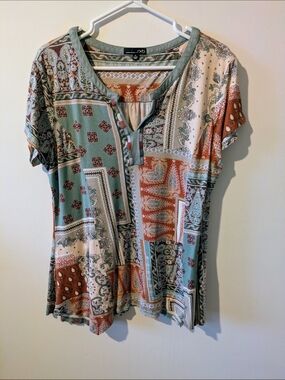 RXB Boho Mint Green and Rust Mixed Patchwork Short Sleeve Top XL
